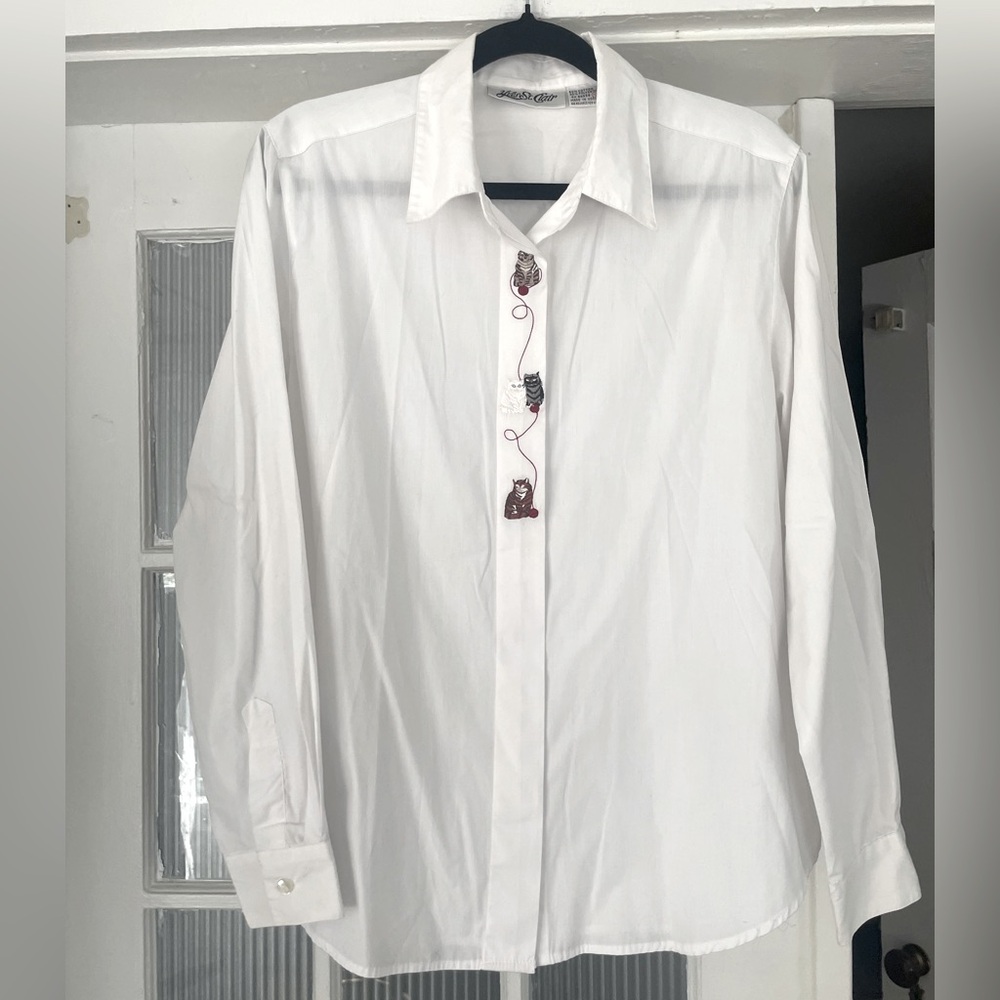 Cat Embroidery White Blouse